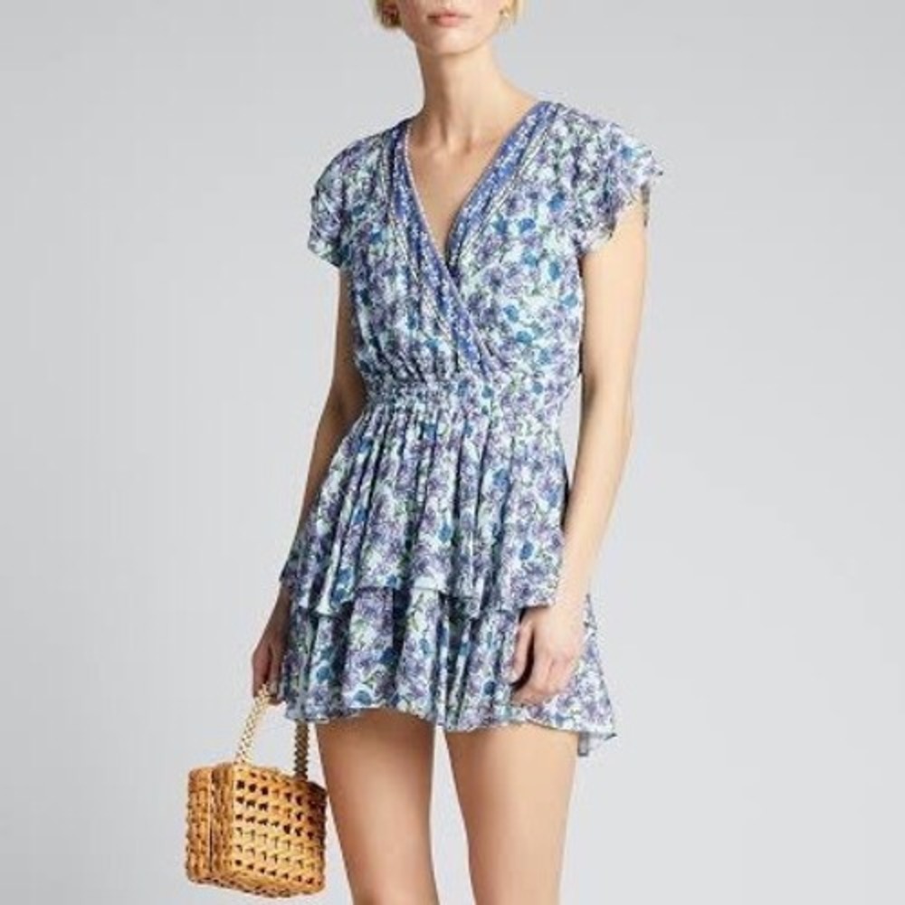 Alice + Olivia Mini Dress Romper Womens 10 Blue Purple Floral Smocked Ruffled